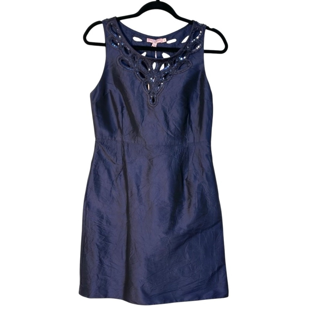 Calypso St Barth Silk Dress Side Zip Pockets Sequins Blue NYE Holiday Party 4‎